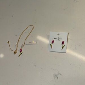 kate spade Gold Tone Necklace and Pink Tulip Stud Earrings Set